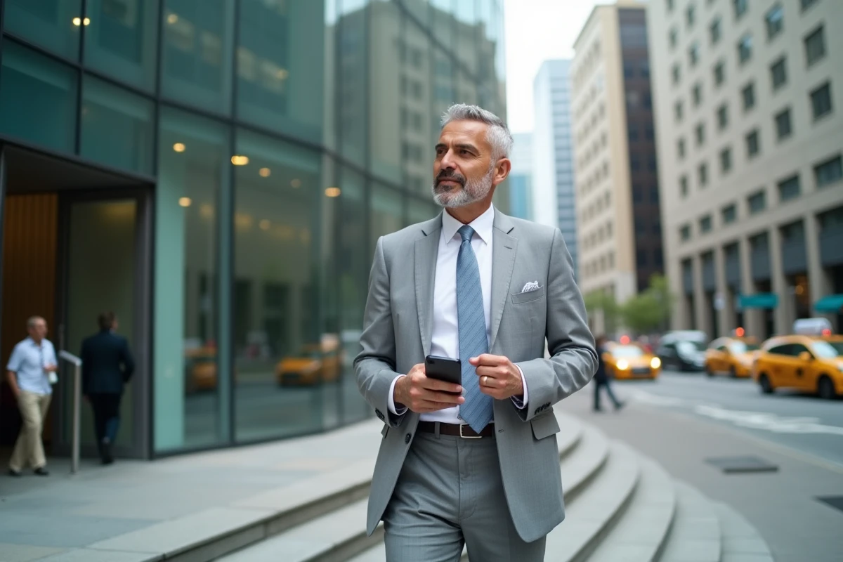 Homme d'affaires confiant devant un immeuble commercial en verre dans un quartier d'affaires urbain, évoquant le leadership et la réussite professionnelle