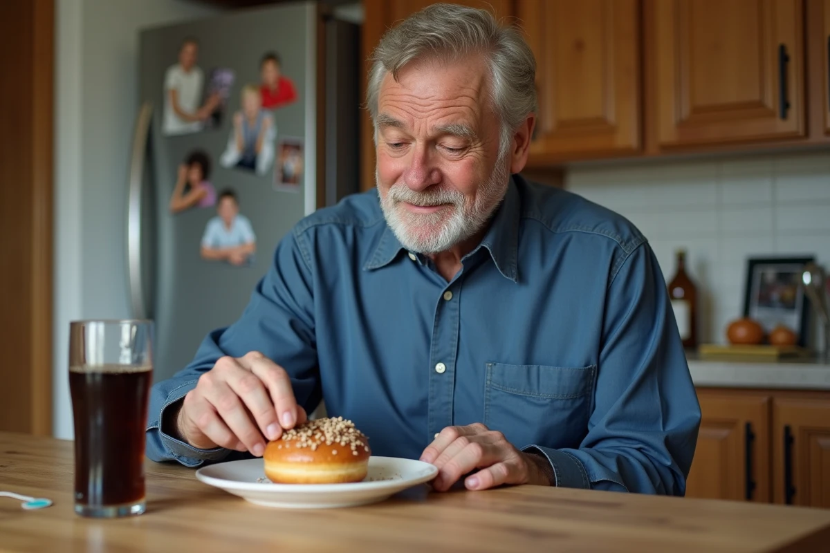 Homme d'âge moyen en cuisine avec un donut et soda