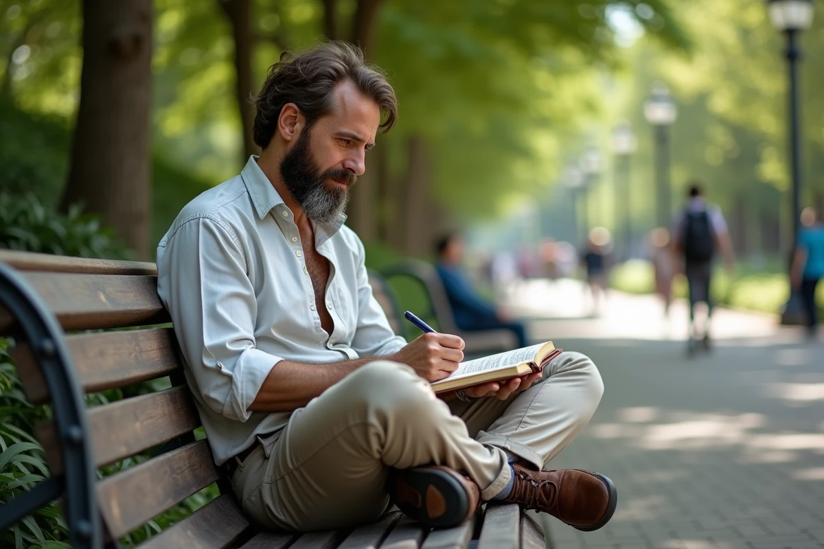 Homme écrivant dans un journal en plein air dans un parc urbain