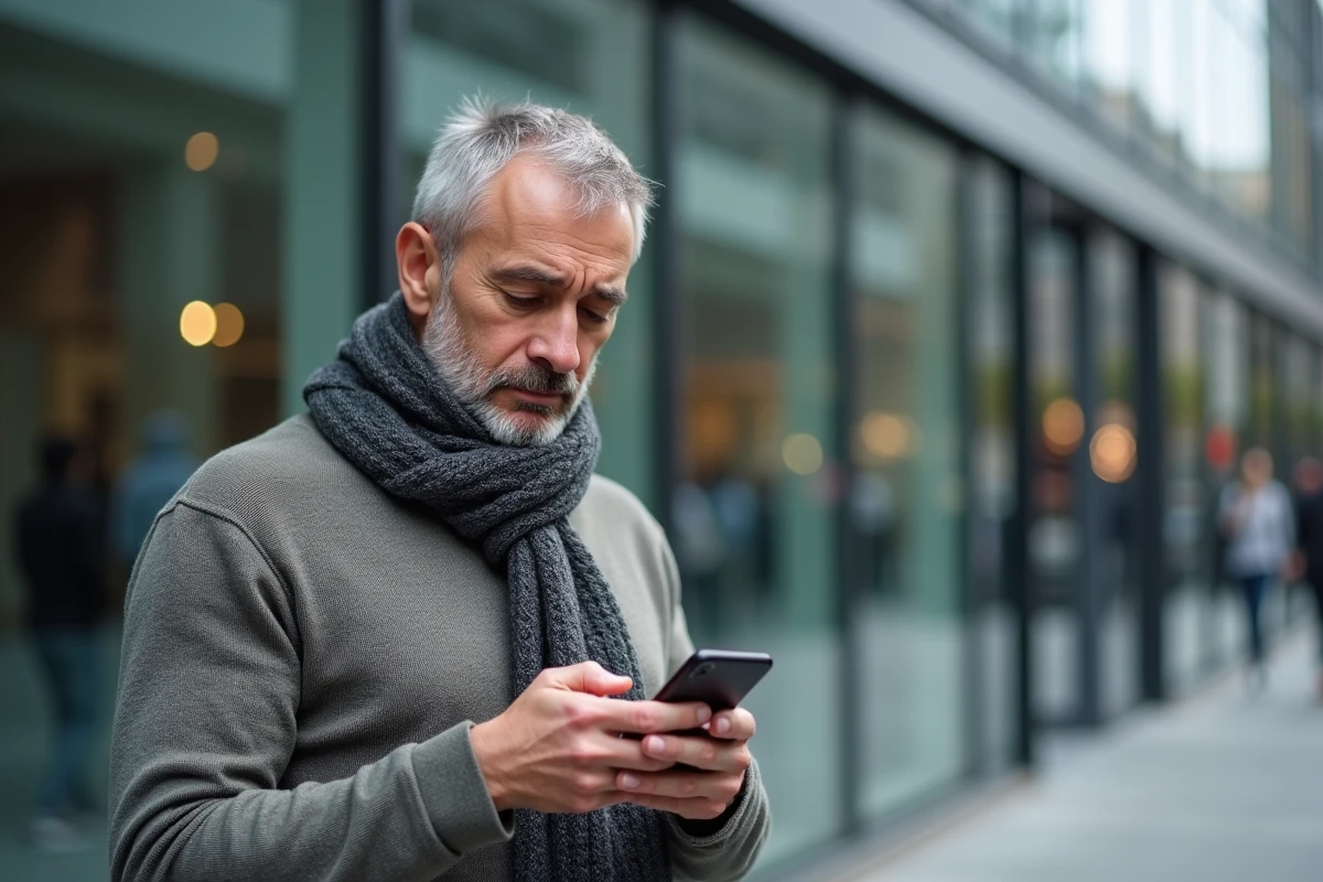 Homme lisant un email sur son smartphone devant un bâtiment moderne