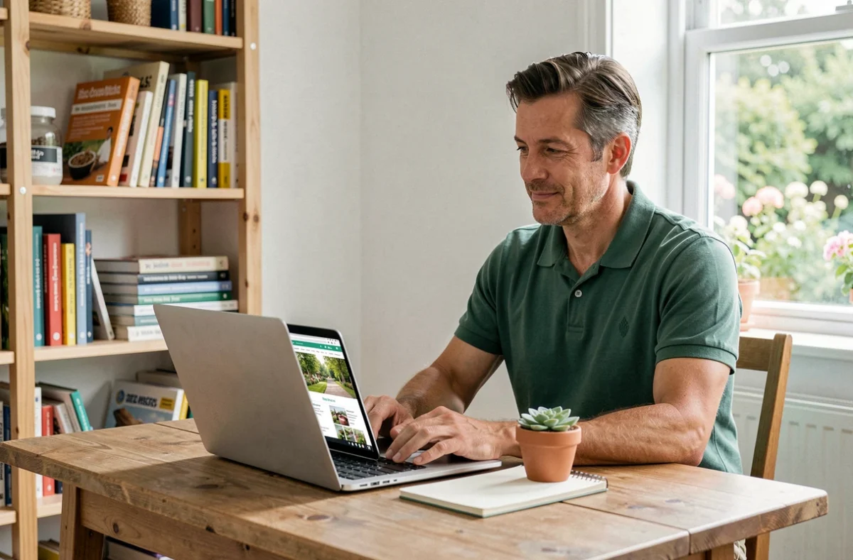 Homme naviguant sur un site web brico déco jardin depuis son bureau à domicile