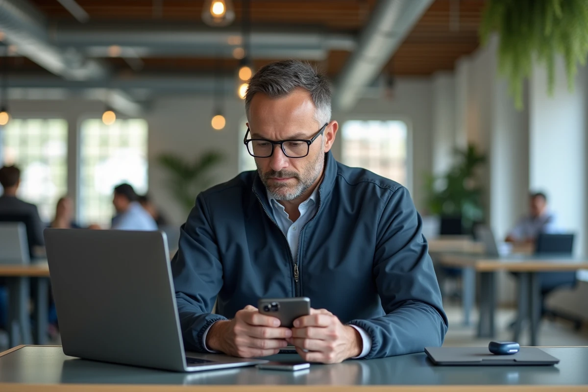 Homme d'affaires utilisant les nouvelles technologies mobiles et connectées dans un bureau moderne
