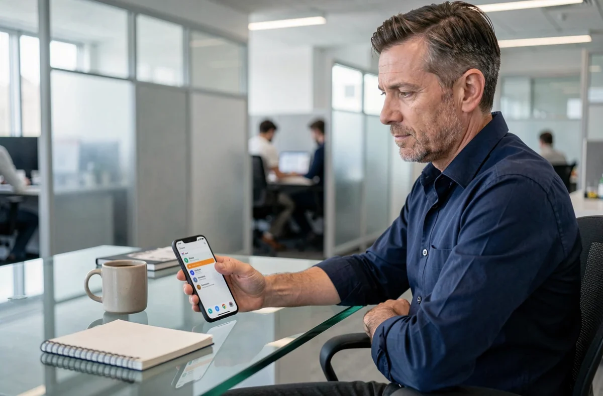 Homme en open space configurant les paramètres Gmail sur Android pour les accusés de réception