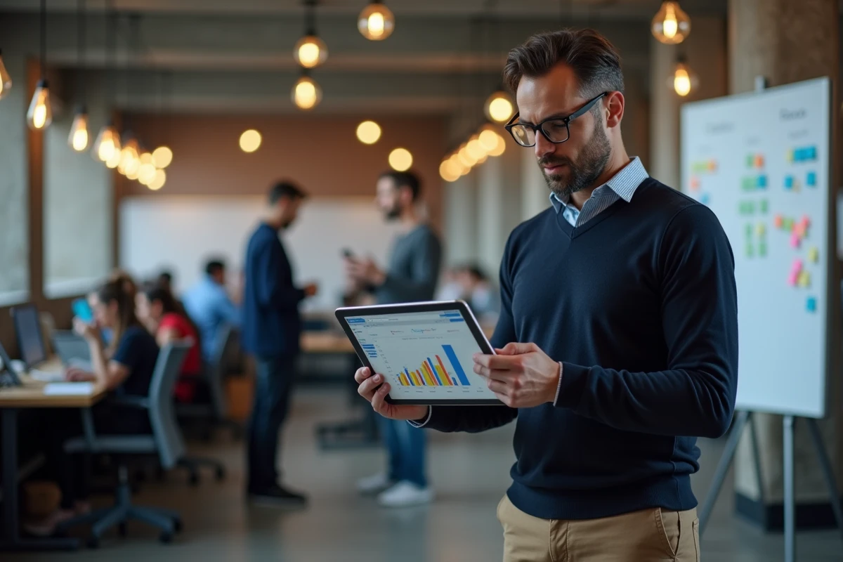 Homme professionnel consultant un tableau de bord web avec les tendances et nouveautés numériques dans un espace de coworking