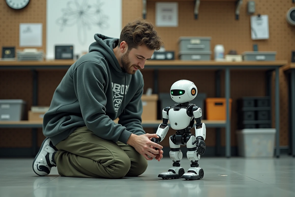 Jeune ingénieur assemblant un prototype de robot dans un laboratoire de startup technologique en 2024