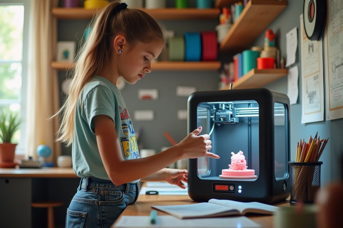 Jeune fille utilisant une imprimante 3D dans un atelier lumineux