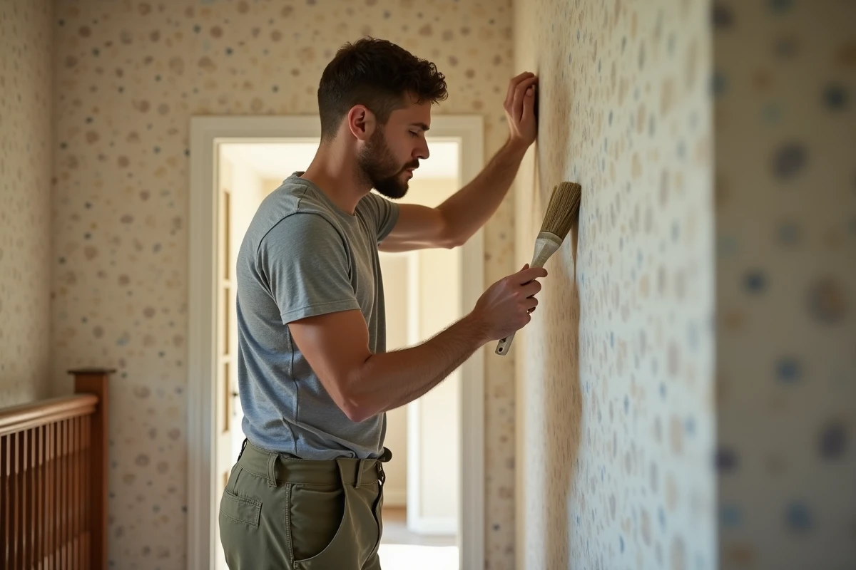 Jeune homme nettoyant la poussière de plâtre avec un pinceau dans un couloir