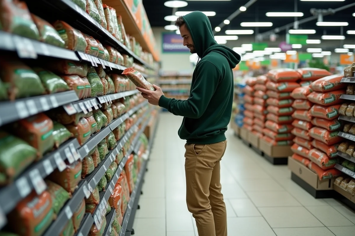Jeune homme examine sacs de terreau en supermarche