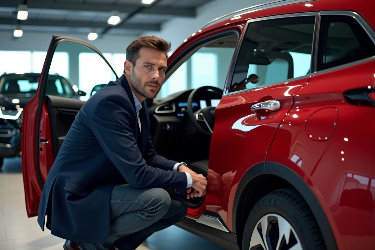 Journaliste automobile masculin examinant le tableau de bord numérique d'un SUV hybride rouge dans un showroom moderne