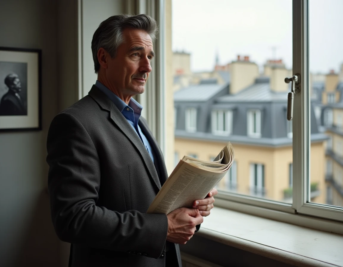 Journaliste politique pensif debout près d'une fenêtre avec vue sur les toits de Paris, tenant un journal replié