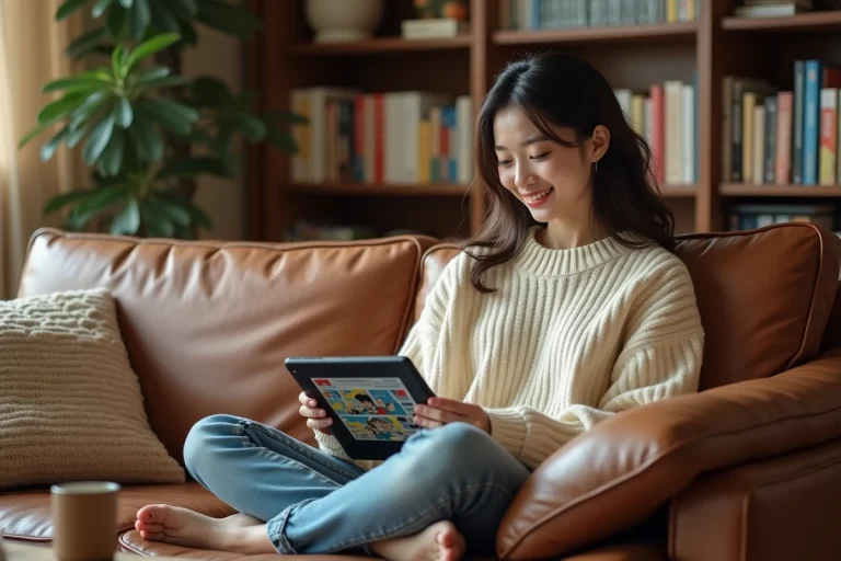 Jeune femme lisant un manhua sur tablette confortablement installée dans son salon avec des étagères de livres en arrière-plan