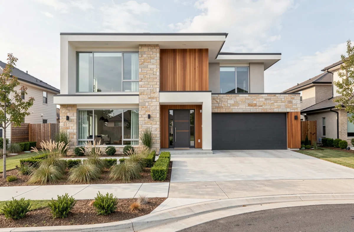 Maison individuelle contemporaine neuve avec façade en pierre et bois dans un quartier résidentiel pavillonnaire