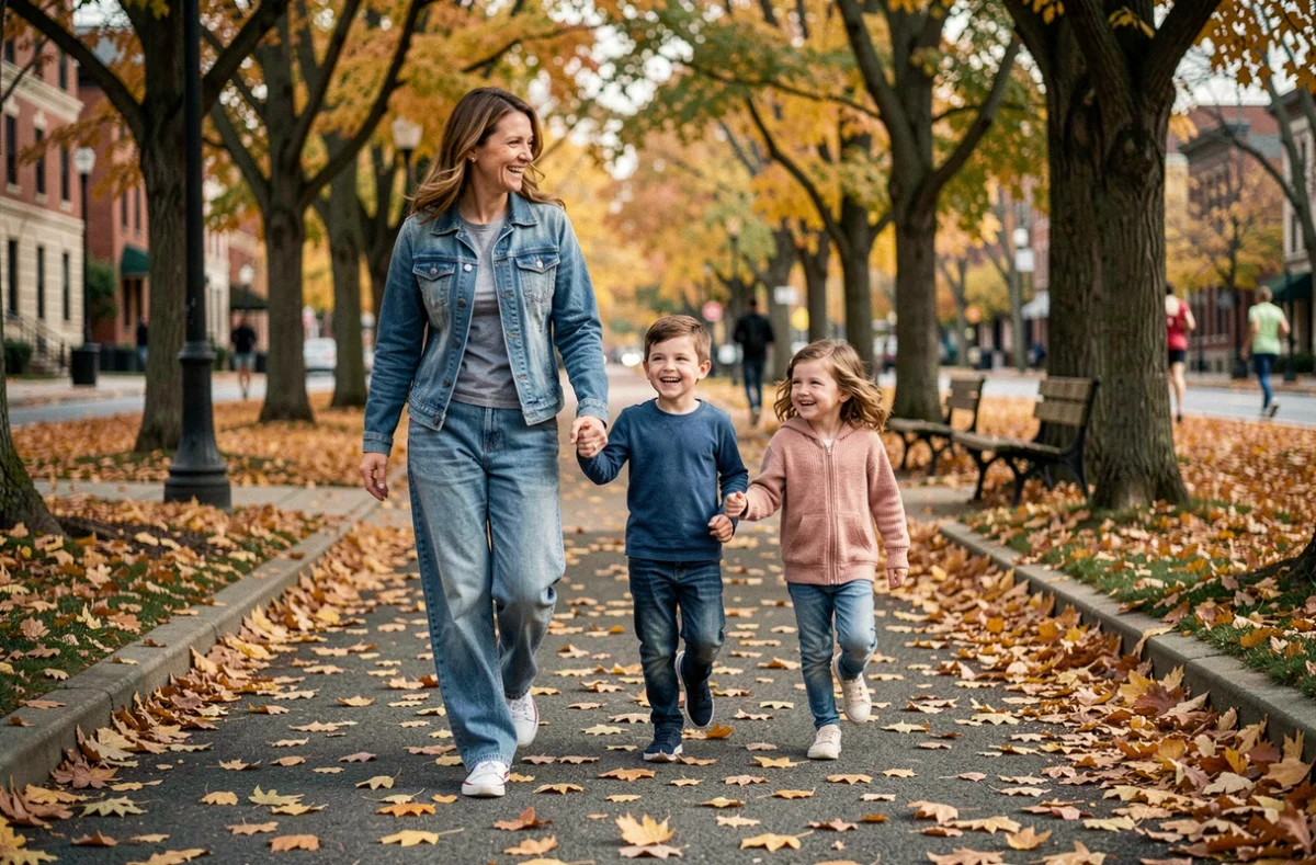 Mère et ses deux enfants se promenant dans un parc urbain en automne parmi les feuilles dorées