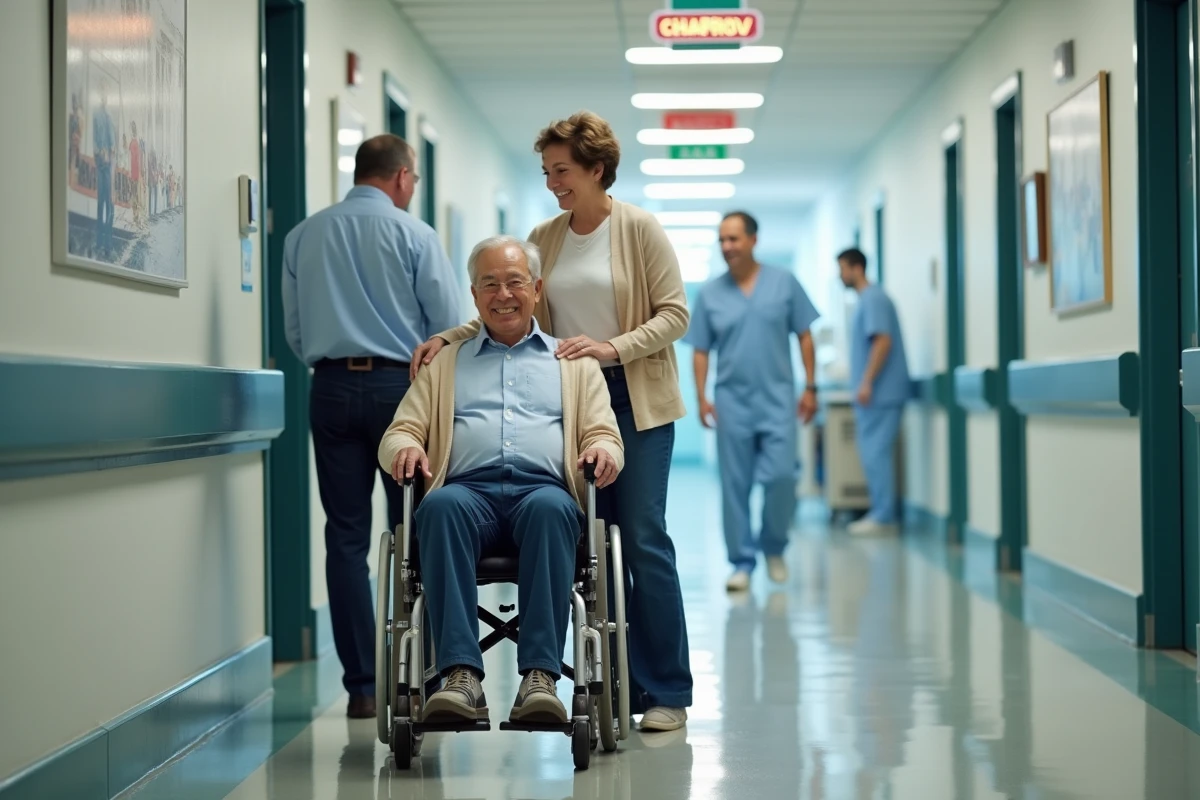 Patient âgé en fauteuil avec sa fille dans un couloir d