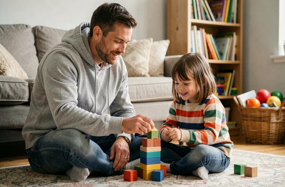Père et fille jouant ensemble sur le tapis du salon dans une atmosphère familiale chaleureuse et détendue