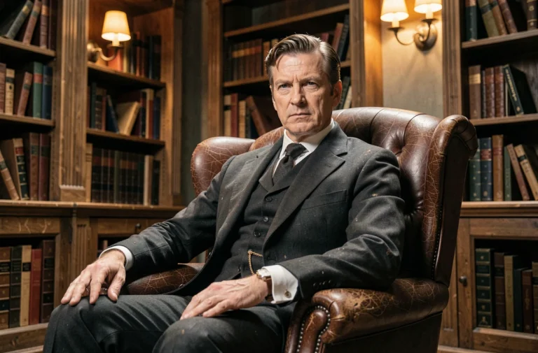 Acteur en costume d'époque assis dans un fauteuil en cuir vintage sur un plateau de tournage évoquant les grands personnages de séries télévisées