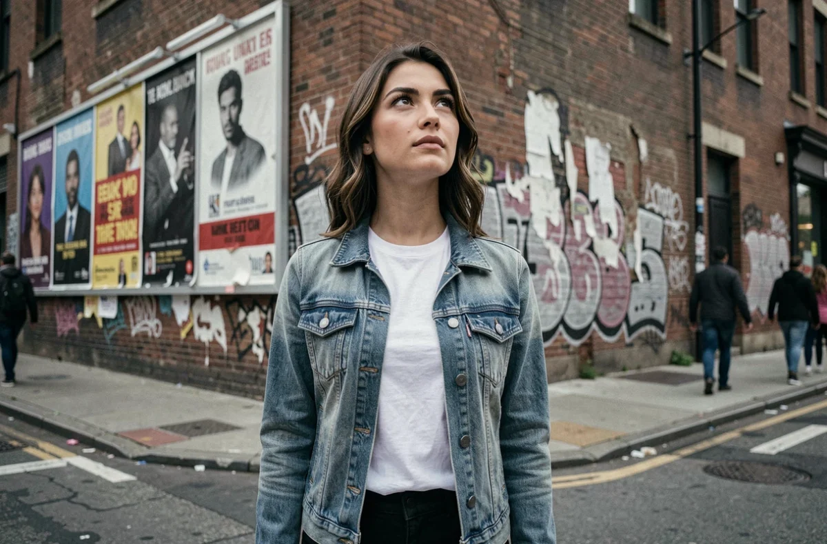 Jeune femme au regard déterminé dans une rue urbaine évoquant les personnages féminins emblématiques de séries TV commençant par la lettre B