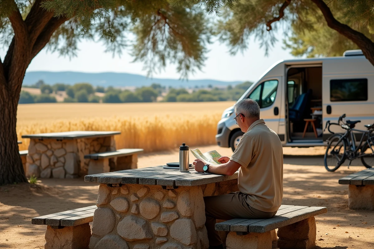 Homme se reposant à une table de pique-nique dans une aire de repos ombragée sur l'autoroute espagnole