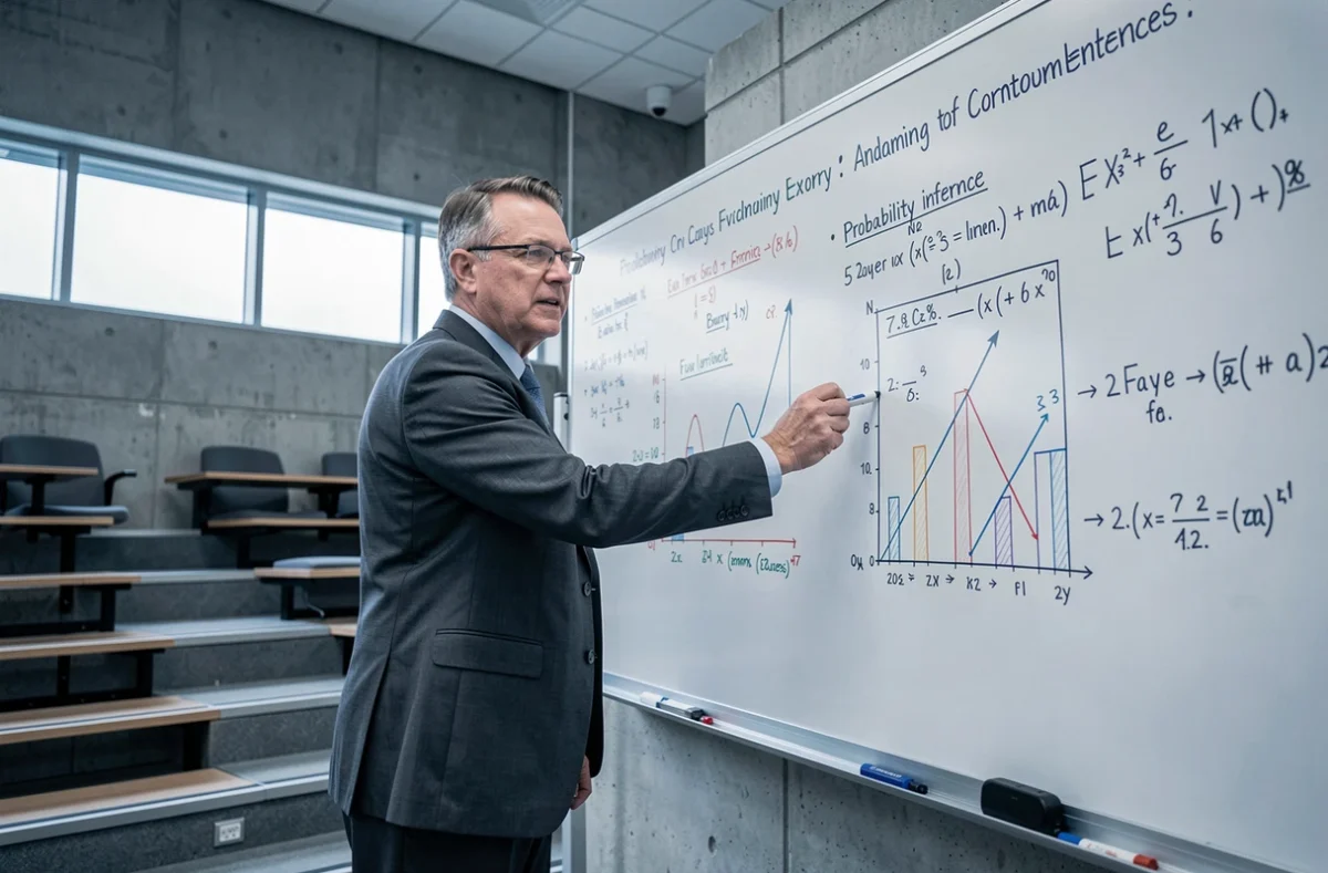 Professeur de droit expliquant des formules mathématiques et des statistiques au tableau dans un amphithéâtre universitaire