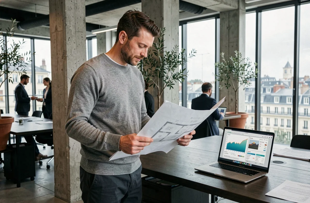 Professionnel de l'immobilier analysant des plans et données du marché immobilier français dans un bureau moderne à Lyon