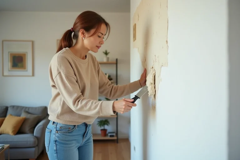 Femme scrappant un mur intérieur blanc avec un couteau à enduire