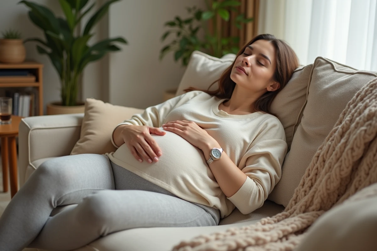 Femme enceinte se reposant allongée sur un canapé confortable, main posée sur le ventre, expression sereine et détendue