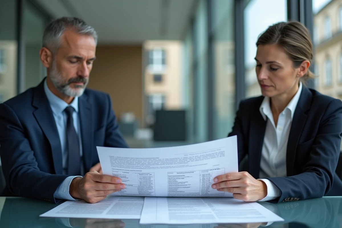 Réunion d'experts et d'avocats pour analyser un rapport d'expertise judiciaire immobilière