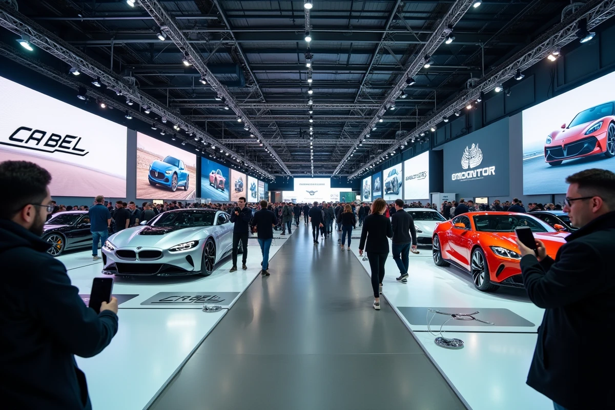 Vue panoramique d'un salon automobile avec exposants, visiteurs et véhicules concept sur un vaste hall d'exposition
