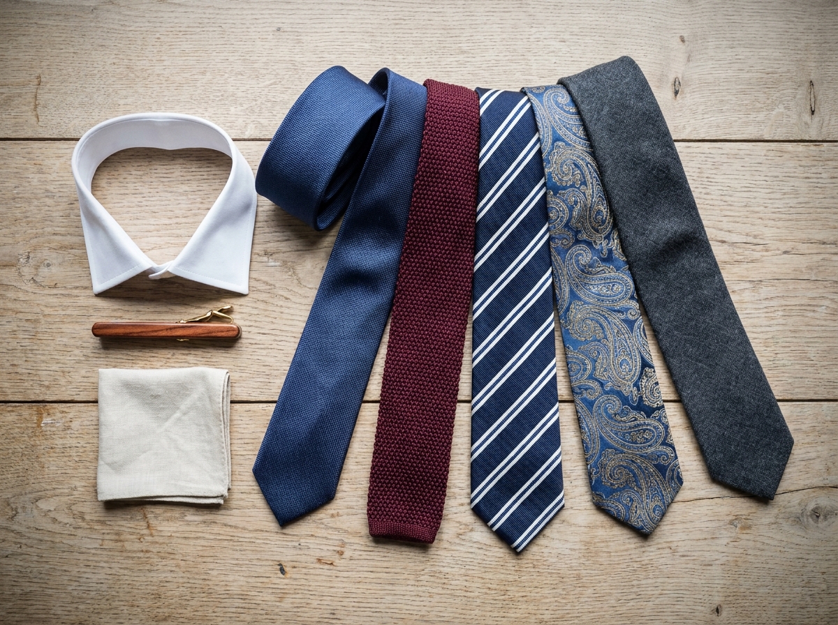 Sélection de cravates aux motifs variés disposées en flat lay sur une table en bois, guide de style pour homme
