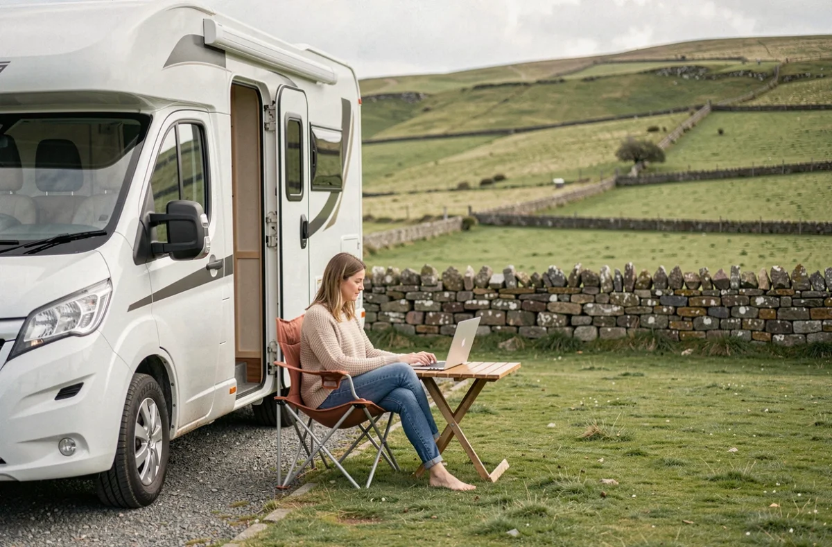 Femme travaillant sur ordinateur portable devant son camping-car dans un camping rural de l'île de Man entouré de collines verdoyantes