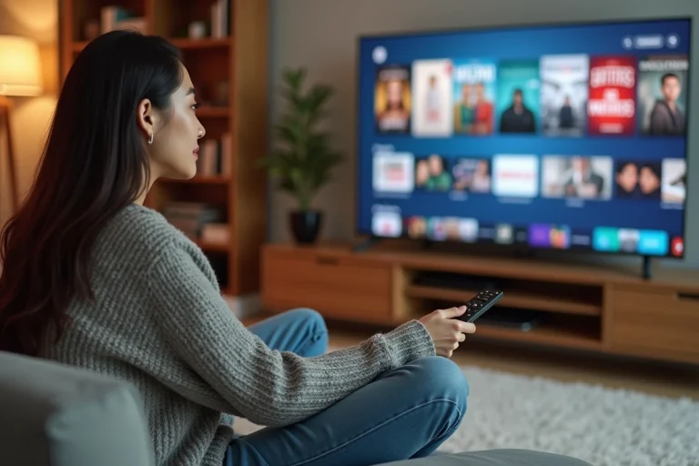 Jeune femme regardant une plateforme de streaming sur sa télévision dans un salon moderne et cosy