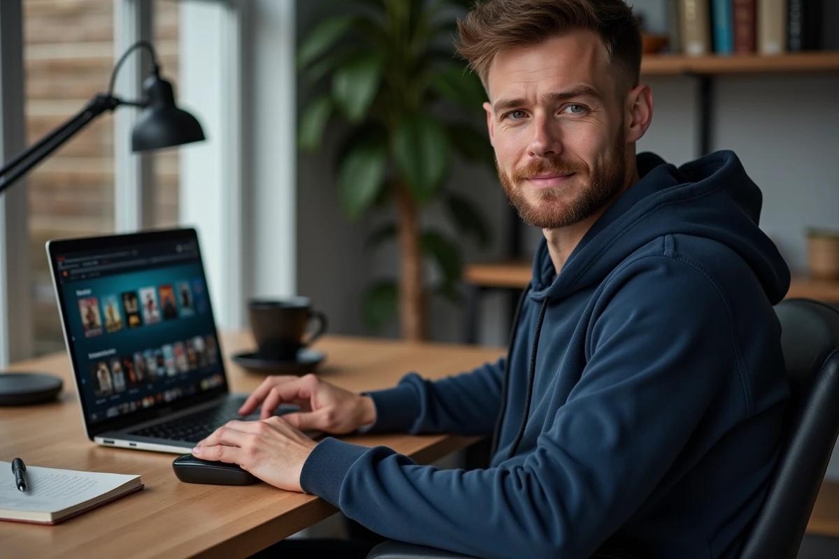 Homme utilisant un ordinateur portable pour accéder à une plateforme de streaming vidéo depuis son bureau à domicile