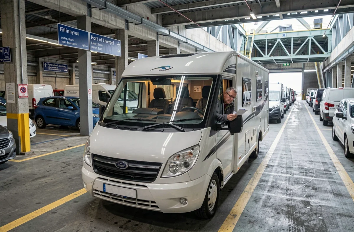 Camping-car dans la file d'attente d'un terminal de ferry au port de Liverpool pour la traversée vers l'île de Man