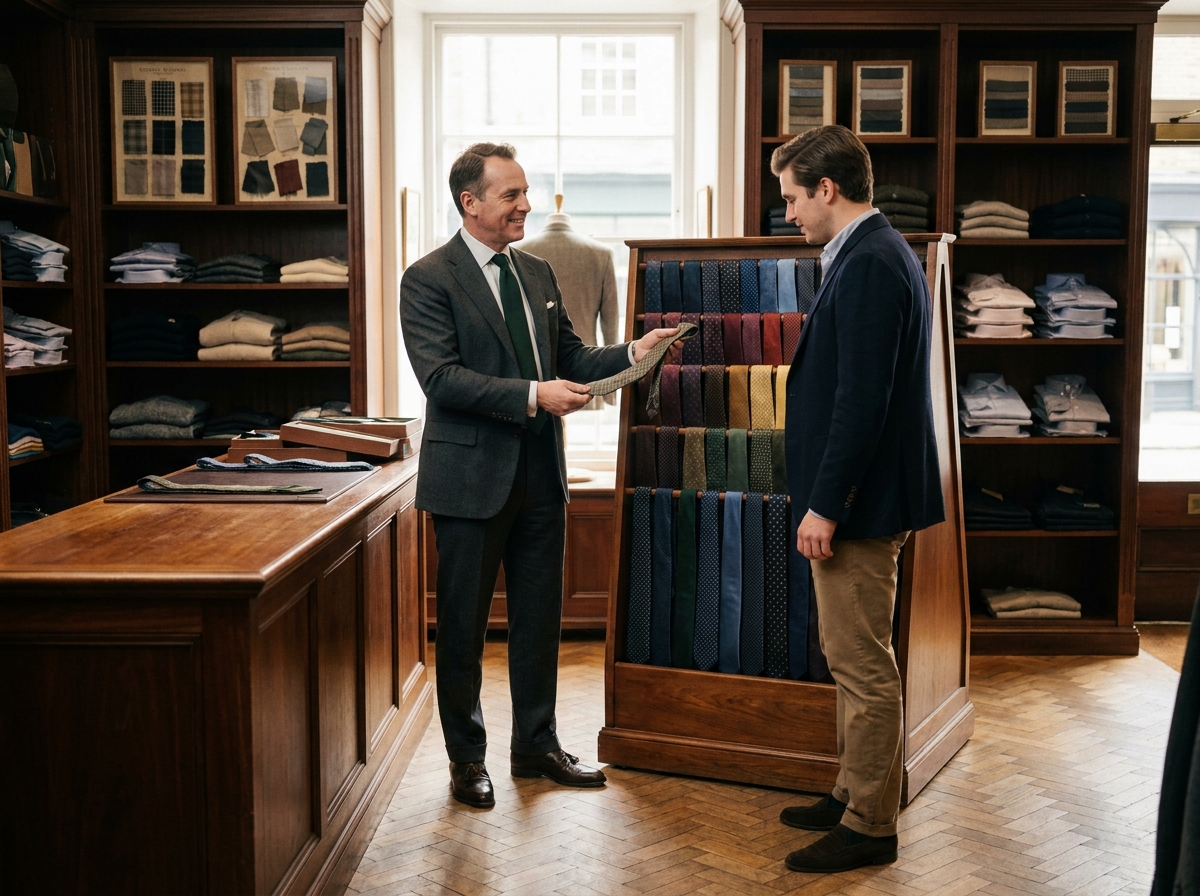 Vendeur en costume aidant un client à choisir une cravate dans une boutique de mode masculine classique