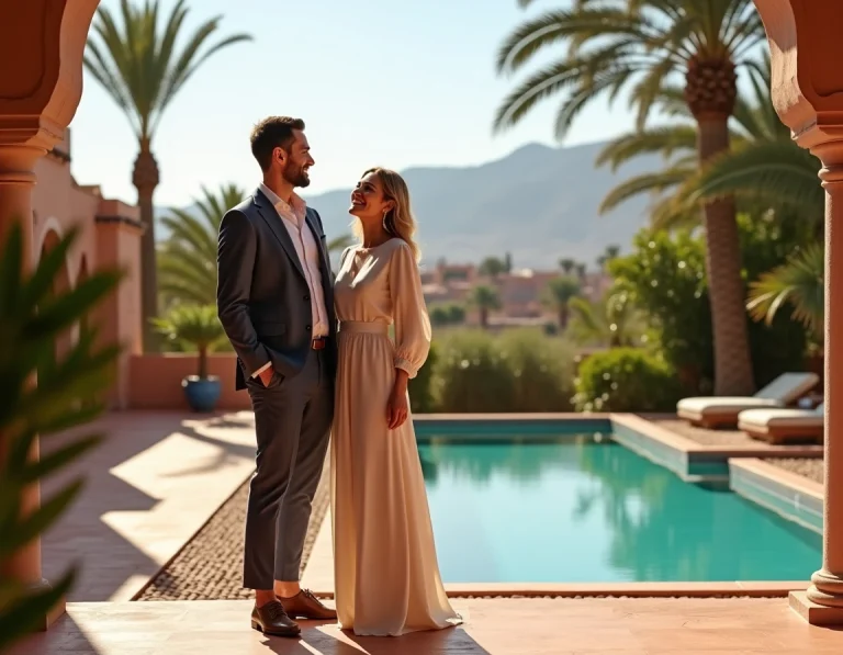 Couple devant une villa de luxe à Amelkis Marrakech avec piscine privée et vue sur l'Atlas