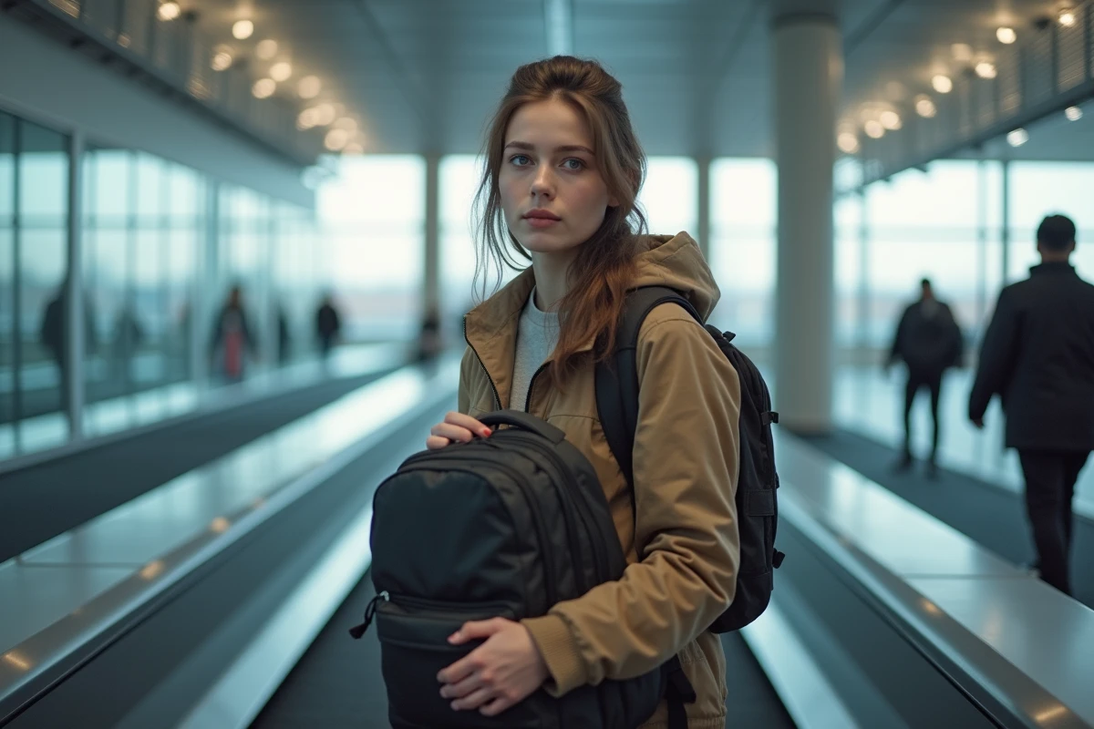 Voyageuse déposant son sac à dos sur le tapis roulant du contrôle de sécurité à l'aéroport